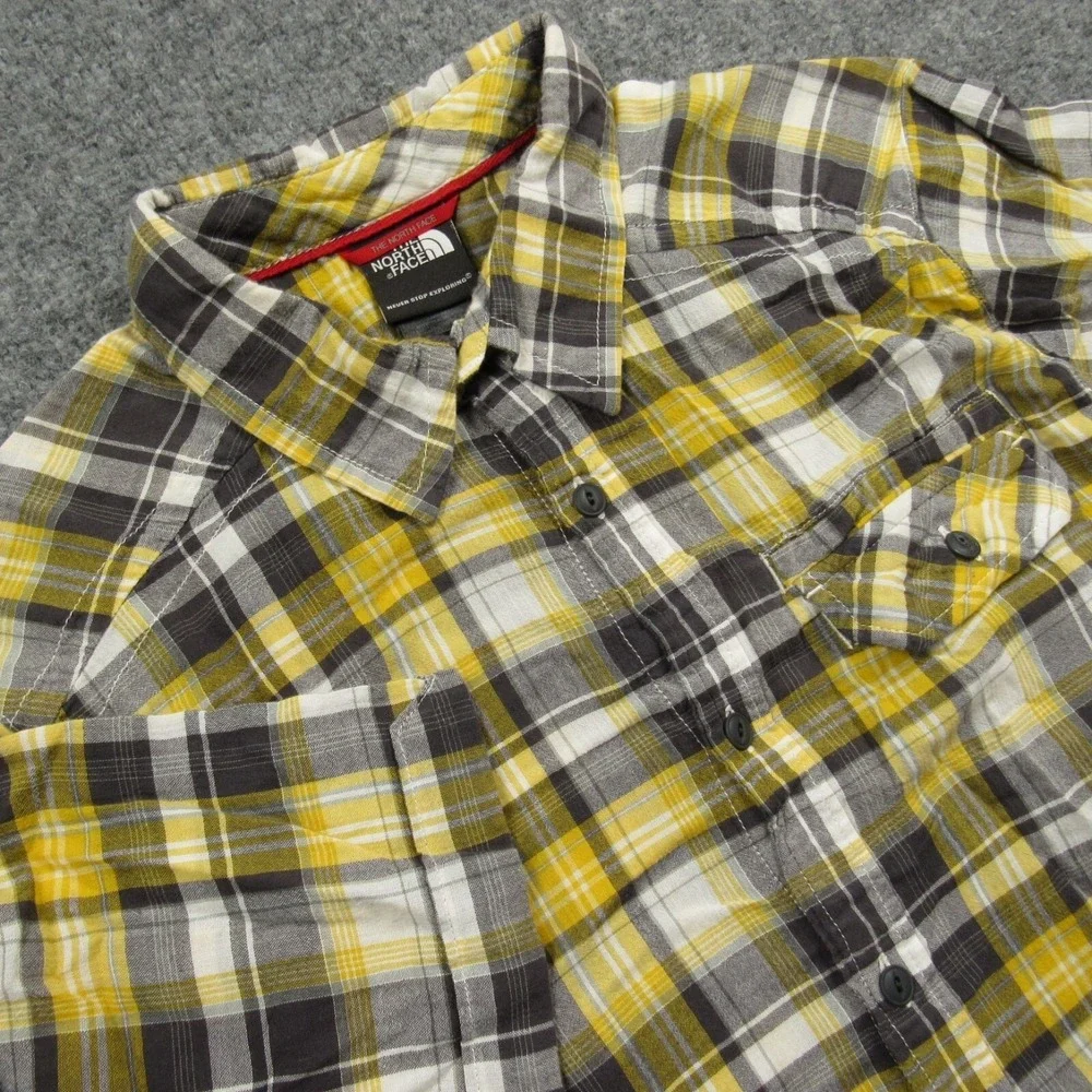 The North‎ Face Shirt Mens Large Yellow Plaid Organic Cotton Short Sleeve Hiking